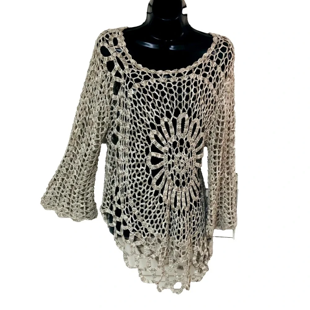 Tempo Paris Womens Crochet Open Knit Top BOHO Hippie‎ Artsy Festival Indie M L